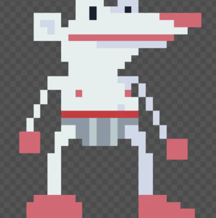 Pixel art karakter: egy fehér, hosszú orrú patkány-alak